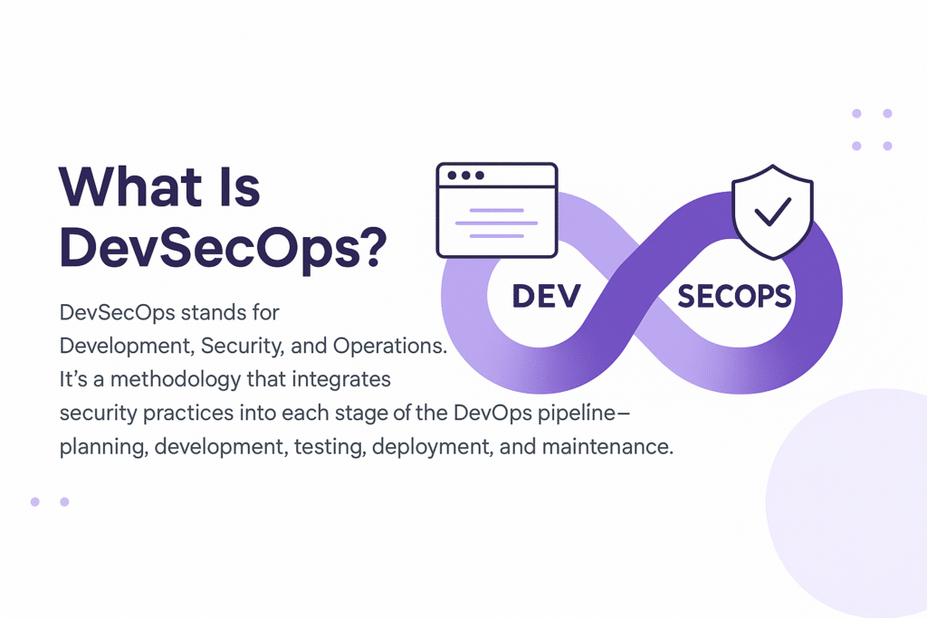DevSecOps concept showing a continuous pipeline integrating development and security, representing secure DevOps practices.