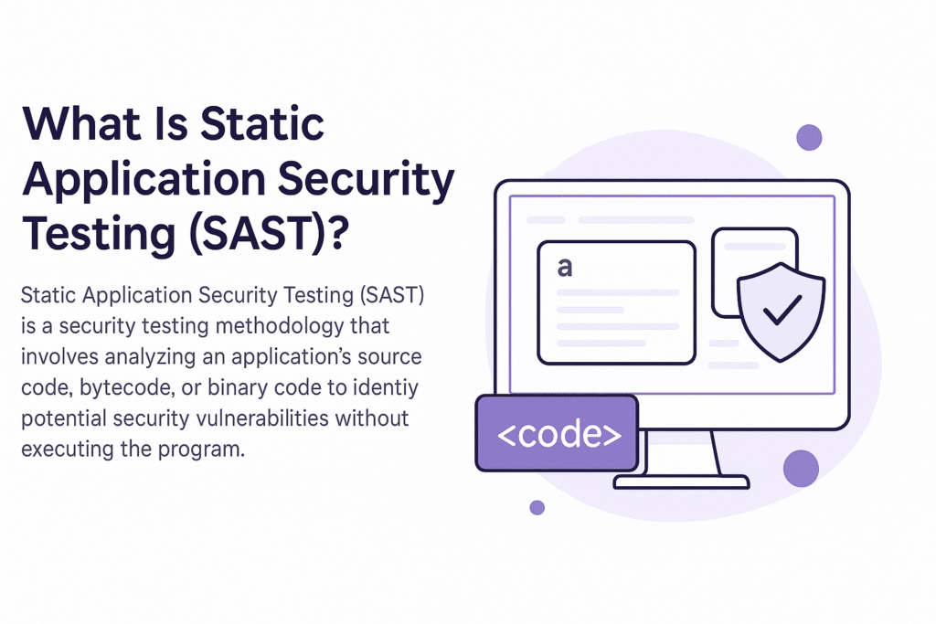 A desktop screen displaying code and a shield icon with a checkmark, symbolizing static application security testing.