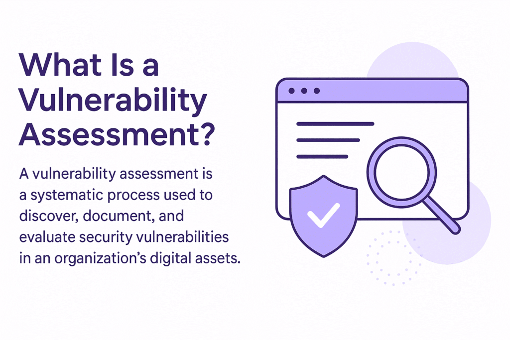 A magnifying glass and shield with a checkmark over a web interface, representing the identification and validation of security vulnerabilities during a vulnerability assessment.