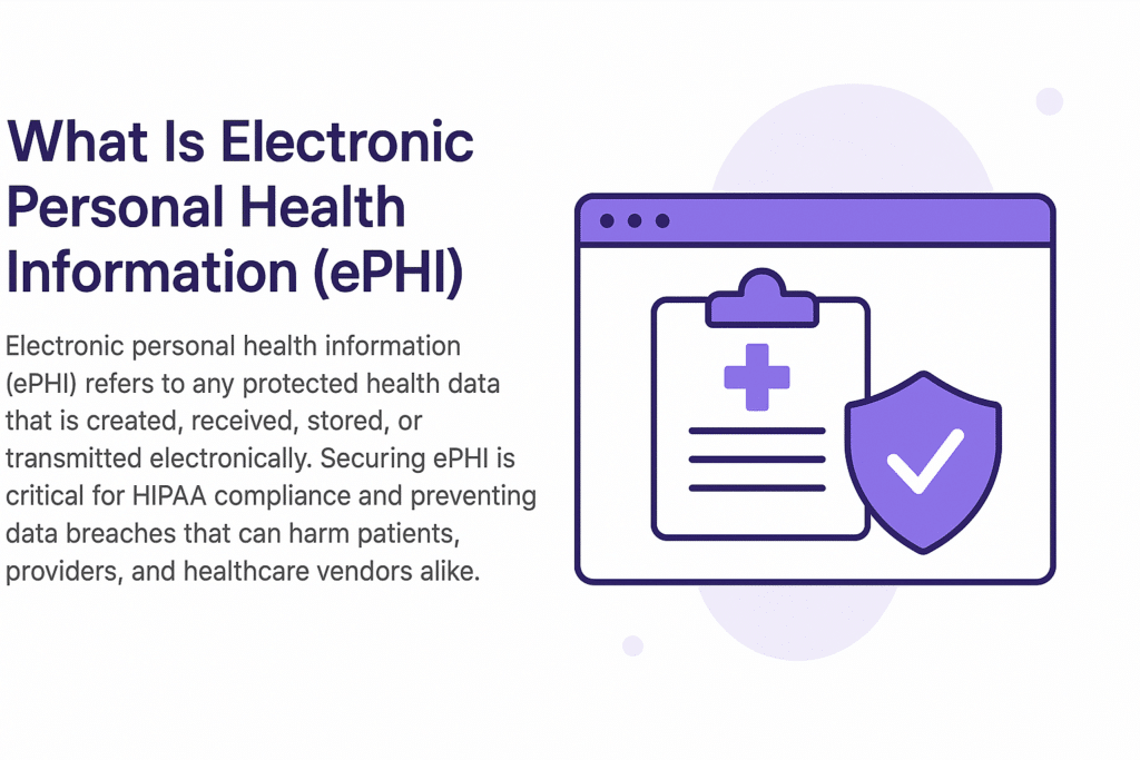A secure digital clipboard with a medical cross icon and a shield displaying a checkmark, representing HIPAA-compliant protection of electronic personal health information (ePHI).