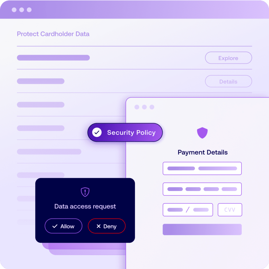 A security dashboard displaying real-time run-time protection, monitoring third-party data transfers and access requests to safeguard website functionality and compliance.
