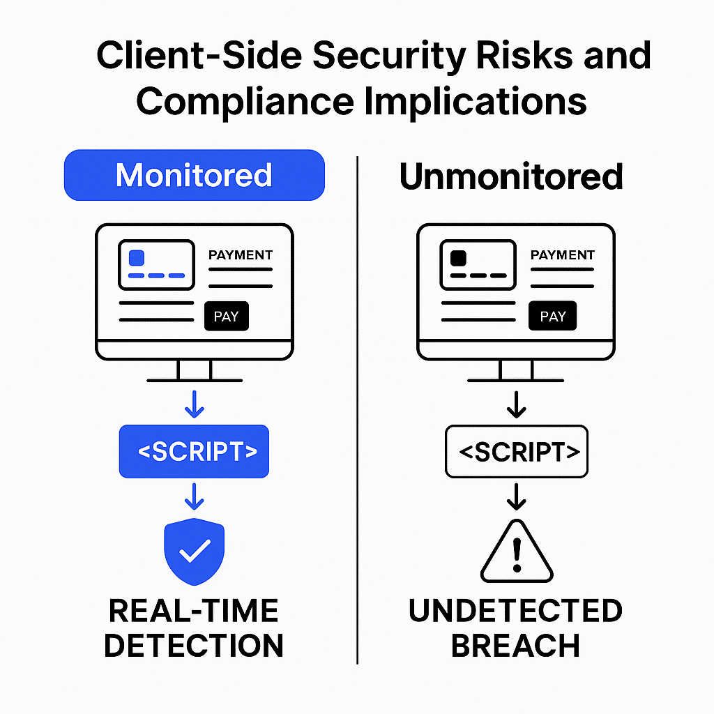 A side-by-side comparison illustrating PCI DSS 4.0.1 Requirement 11.6.1, showing real-time script detection on monitored payment pages versus undetected breaches on unmonitored ones.