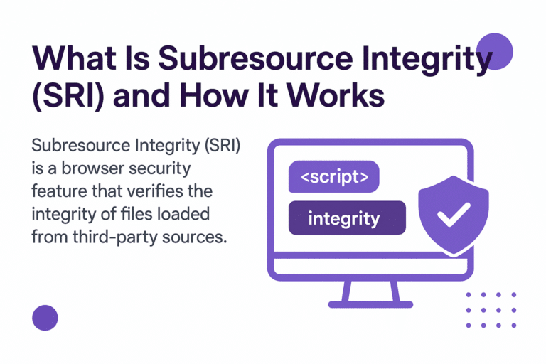 A computer monitor displaying script and integrity tags with a shield and checkmark symbol, representing verification of third-party file integrity through Subresource Integrity (SRI).