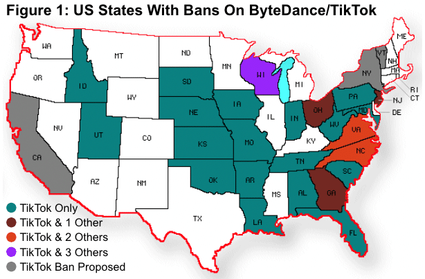 US States with Bans on ByteDance/TikTok